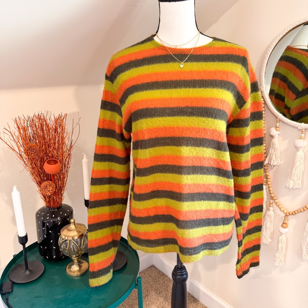 Vintage MT Vibrant Striped Green Orange Brown Crew Neck Fuzzy Sweater